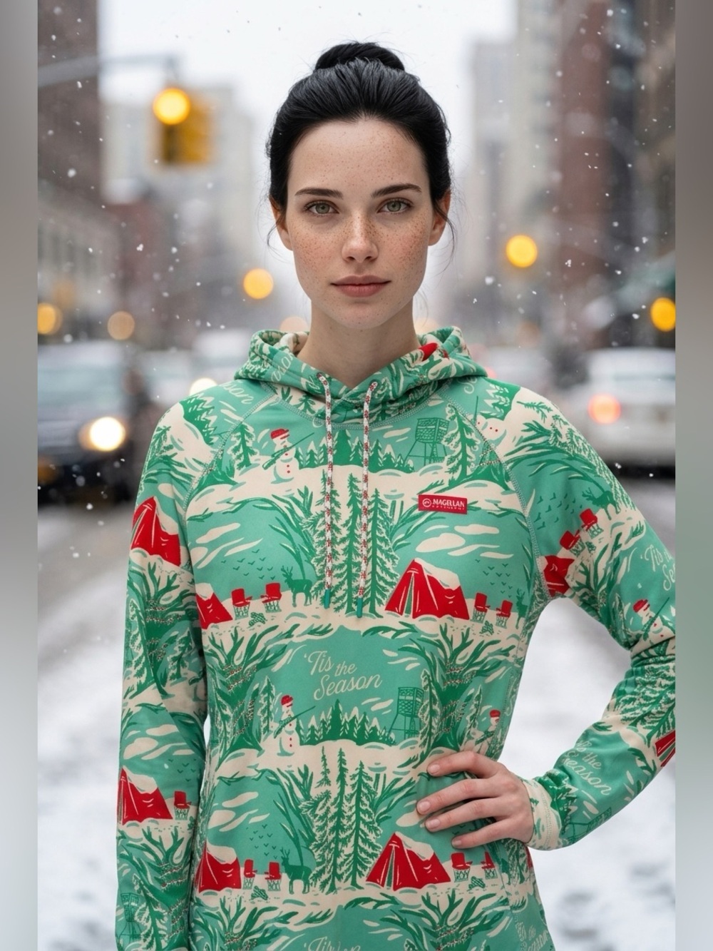 Magellan Outdoors Green Holiday Print Pullover Hoodie with Red Accents